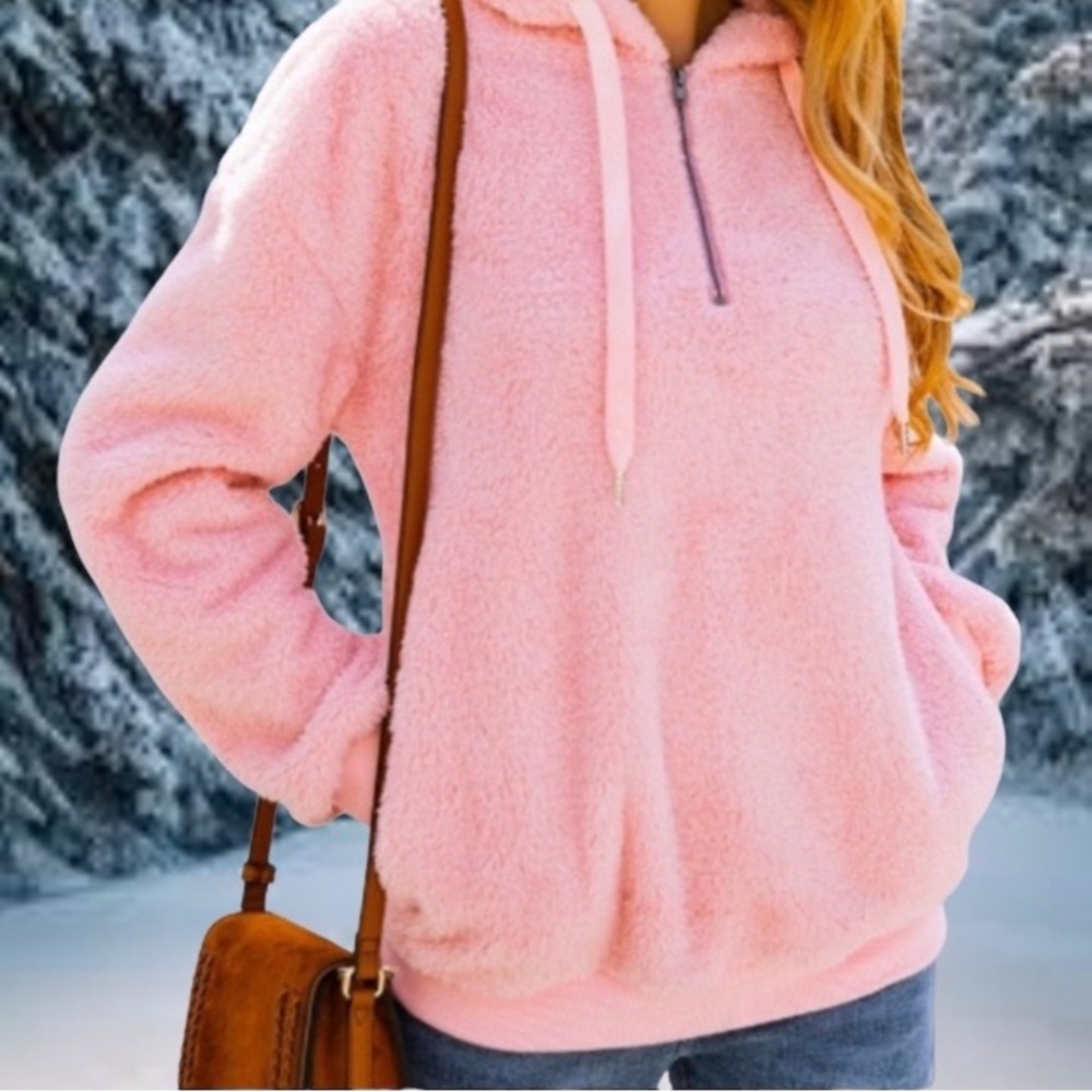 BOUTIQUE Bubblegum Pink Quarter Zip Sherpa Hoodie - WL